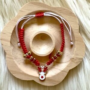 Handmade Red and White String Adjustable Reindeer Charm Bracelet